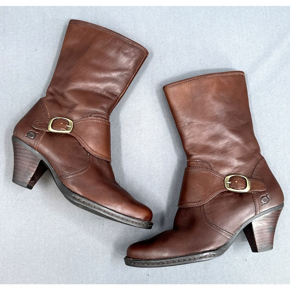 Born Pavan Mid Calf Boots Womens 6 Brown Leather Side zip Western Biker Academia